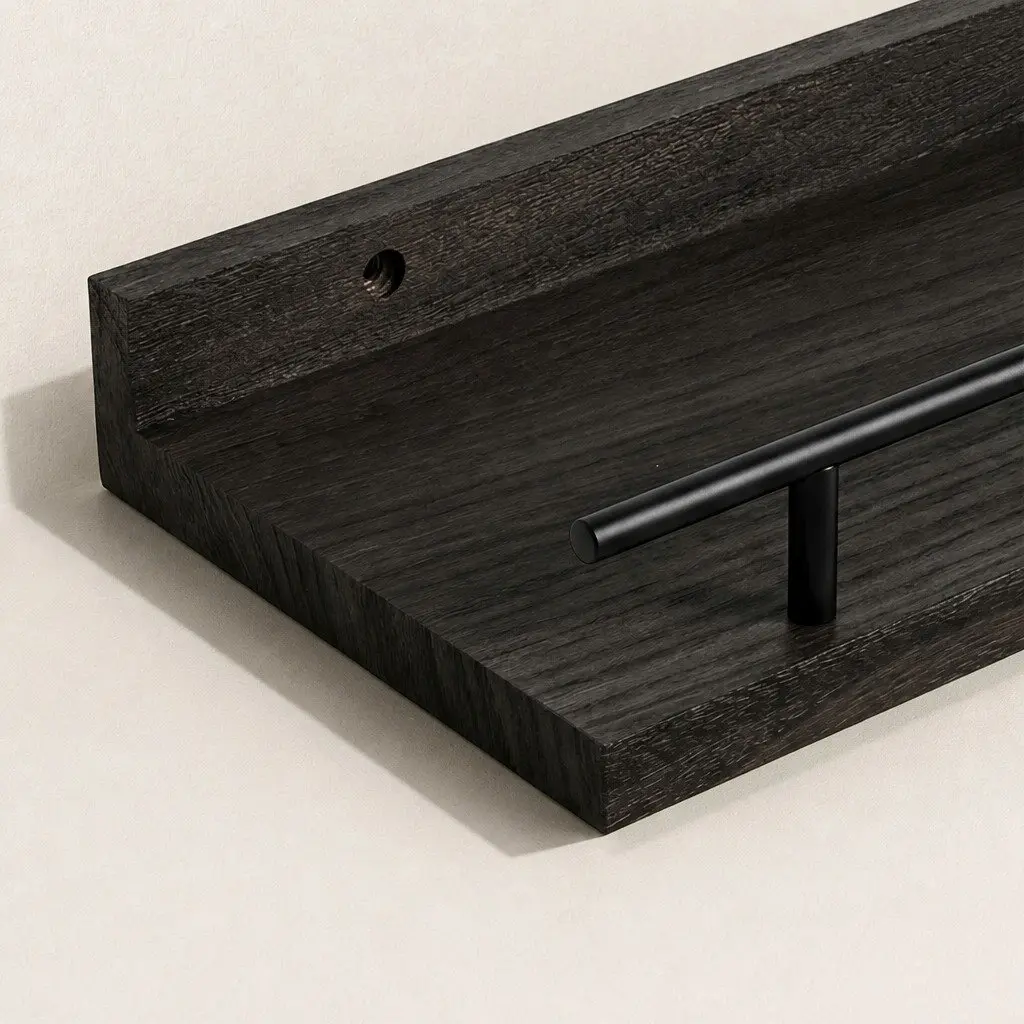 Floating Wall Shelves Set of 3 Wall Mounted Storage Display Rack Black Paulownia Wood with Metal Brackets and Guard Rail