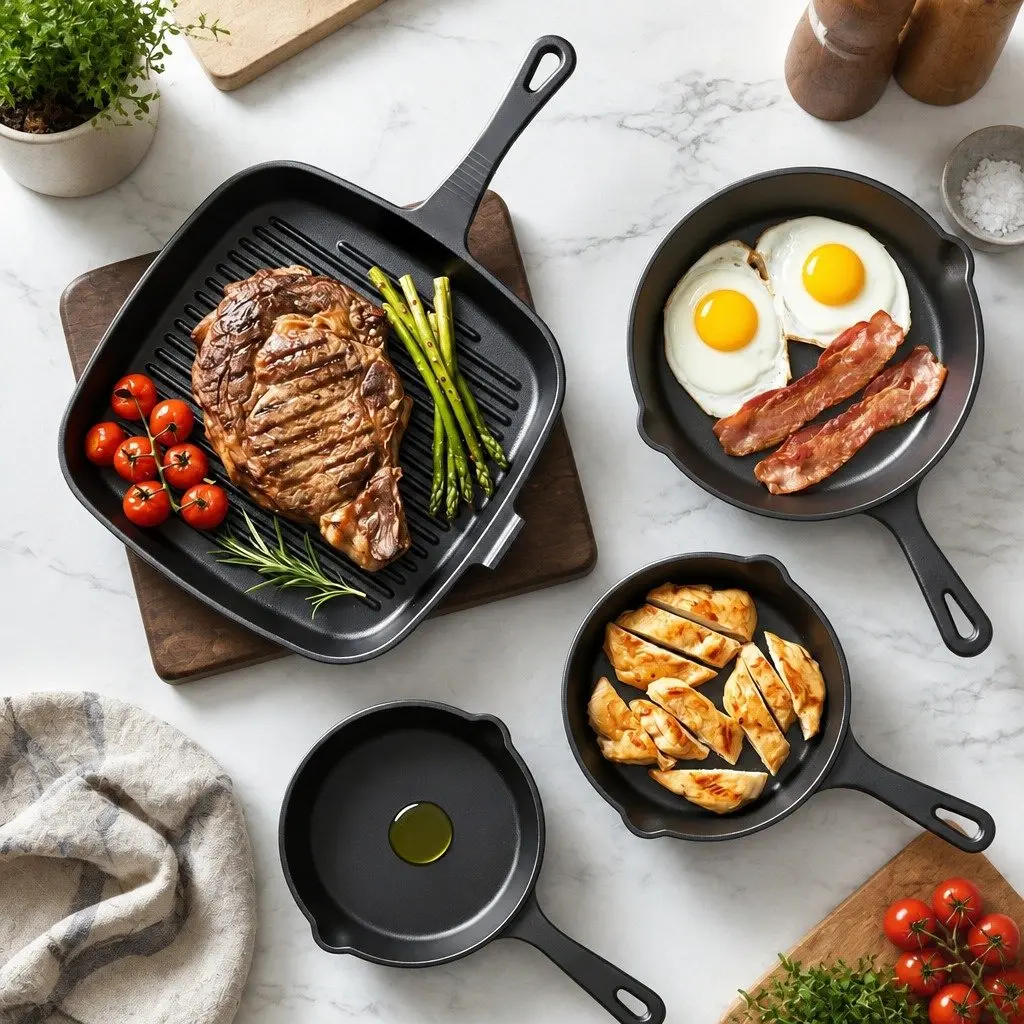 Cast Iron Frying Pan Skillet Set 4-Piece Black 14cm 16cm 20cm 24cm