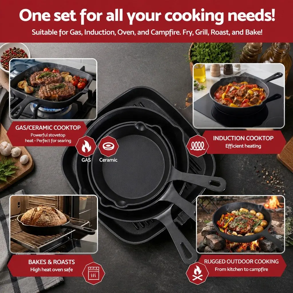 Cast Iron Frying Pan Skillet Set 4-Piece Black 14cm 16cm 20cm 24cm
