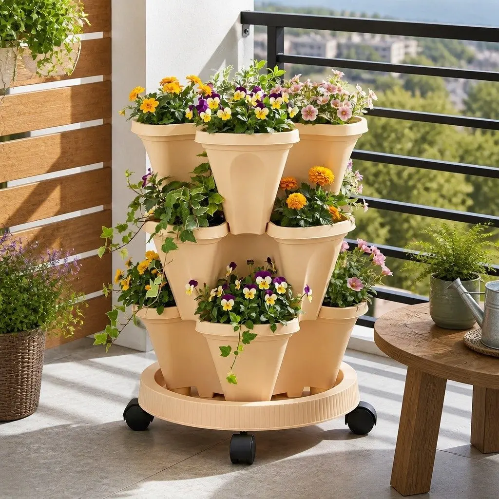 3 Tier Stackable Vertical Planter Tower with Wheels Strawberry Herb Garden Beige