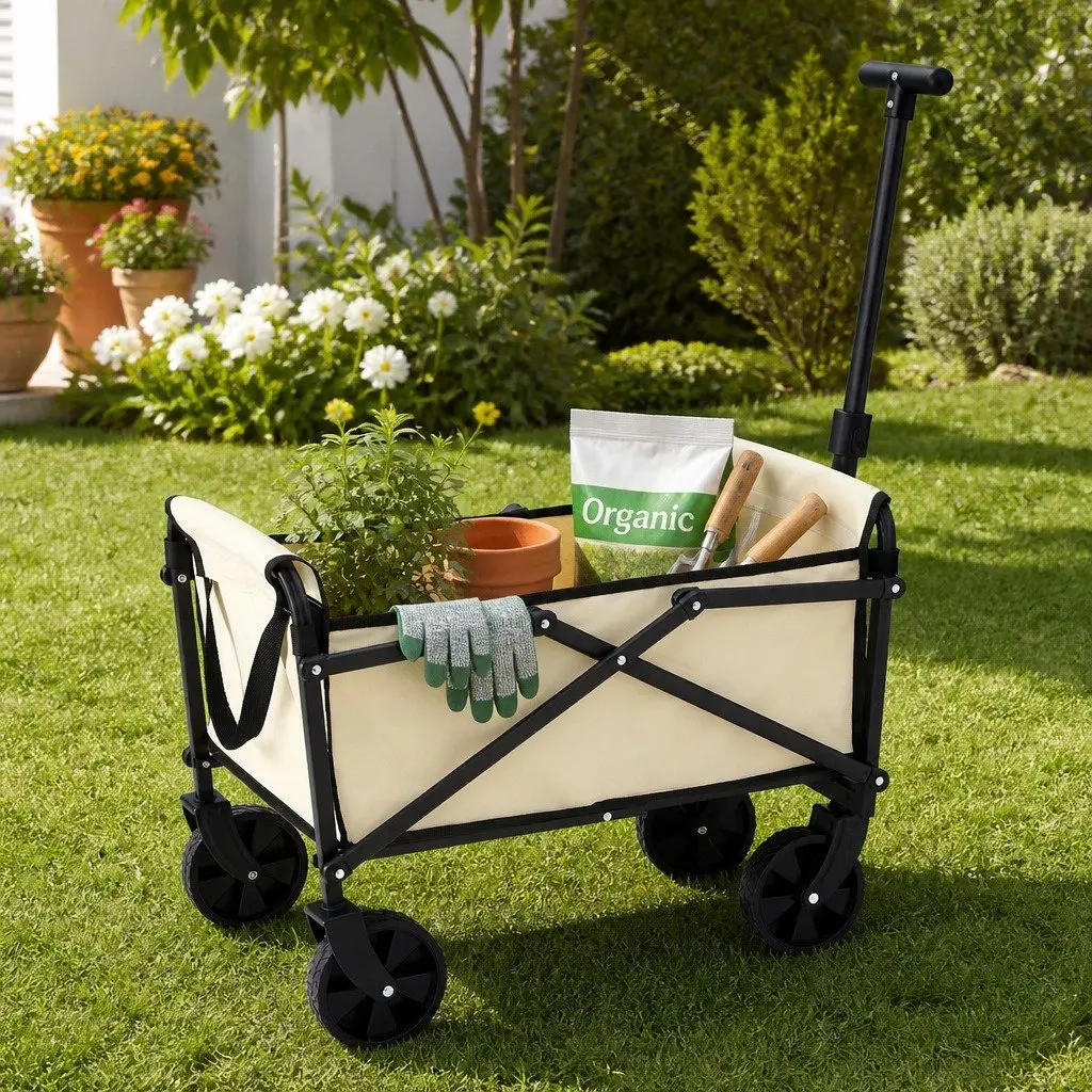 Garden Cart Folding Trolley Wagon Beach Camping Outdoor Transport Beige Steel