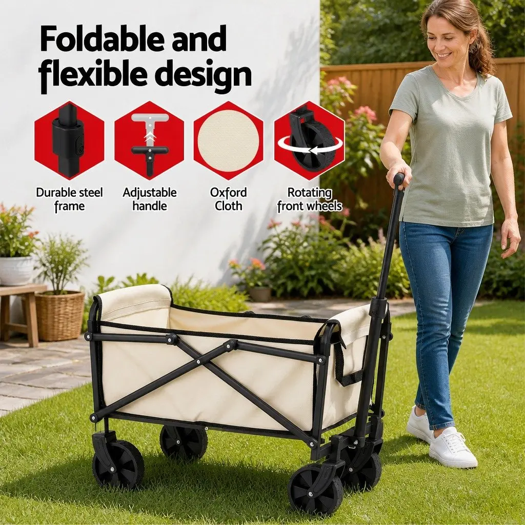 Garden Cart Folding Trolley Wagon Beach Camping Outdoor Transport Beige Steel