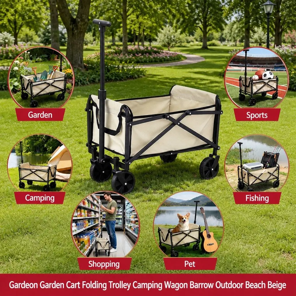 Garden Cart Folding Trolley Wagon Beach Camping Outdoor Transport Beige Steel