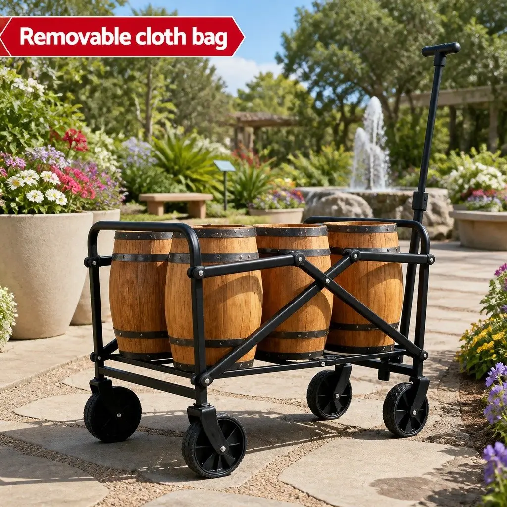 Folding Garden Cart Trolley Wagon Steel Frame 360° Rotating All-Terrain Wheels Black