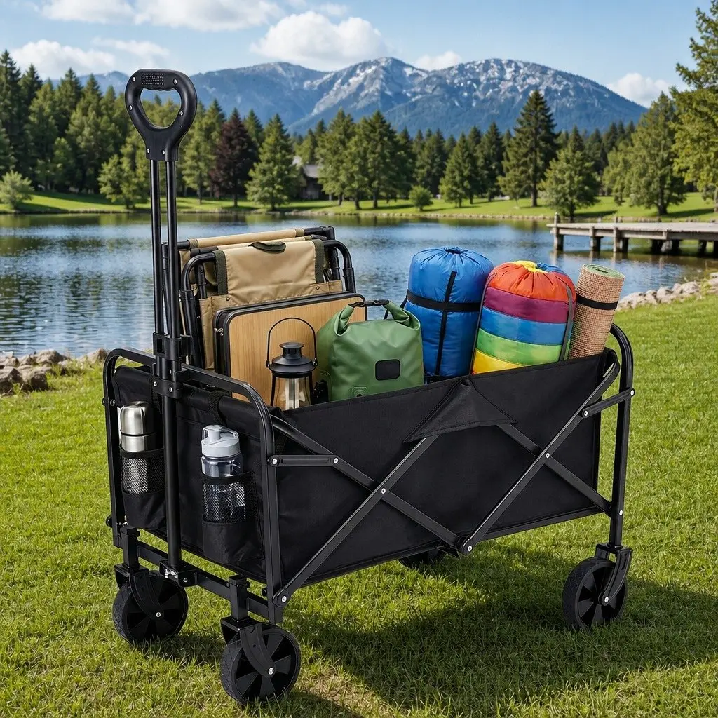 Garden Folding Trolley Cart Heavy Duty Steel Frame 360 Degree Rotating Wheels Removable Oxford Cloth Black