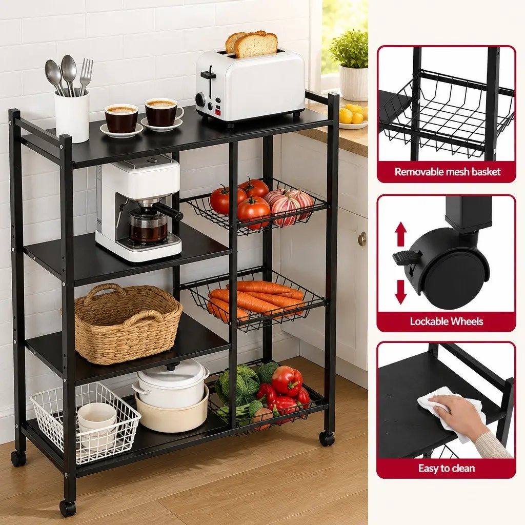 4-Tier Kitchen Storage Shelf Durable Carbon Steel Dark Grey