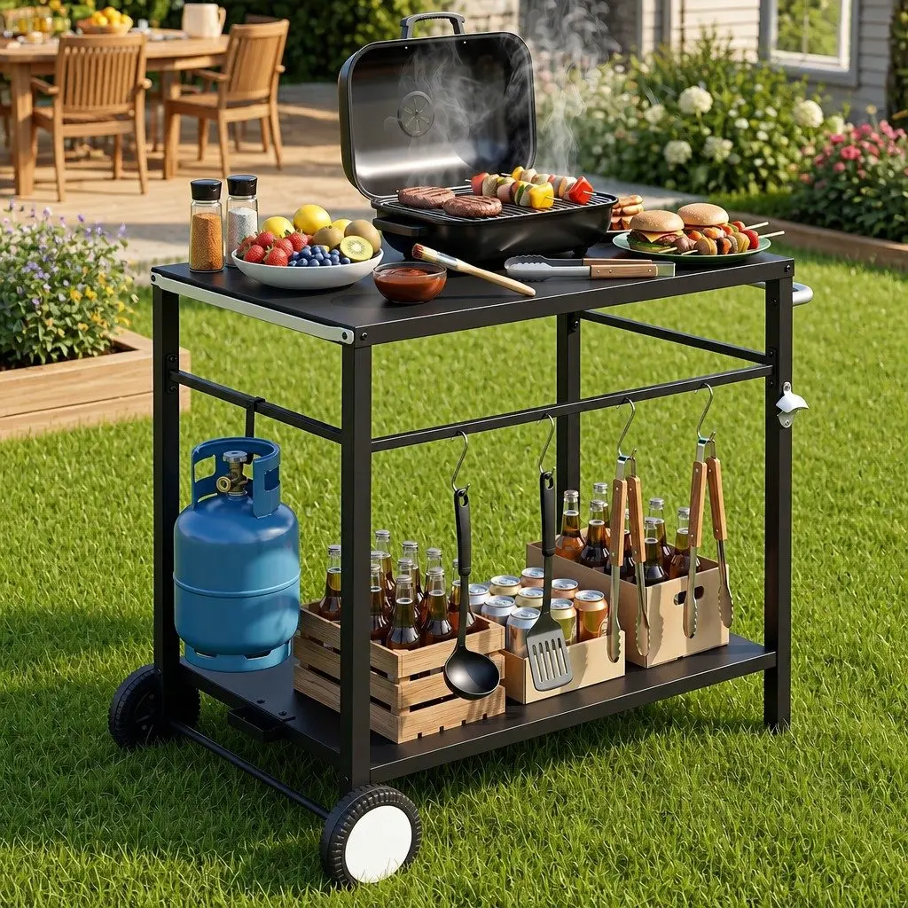 Outdoor BBQ Prep Cart Mobile Kitchen Trolley Stainless Steel Work Table with