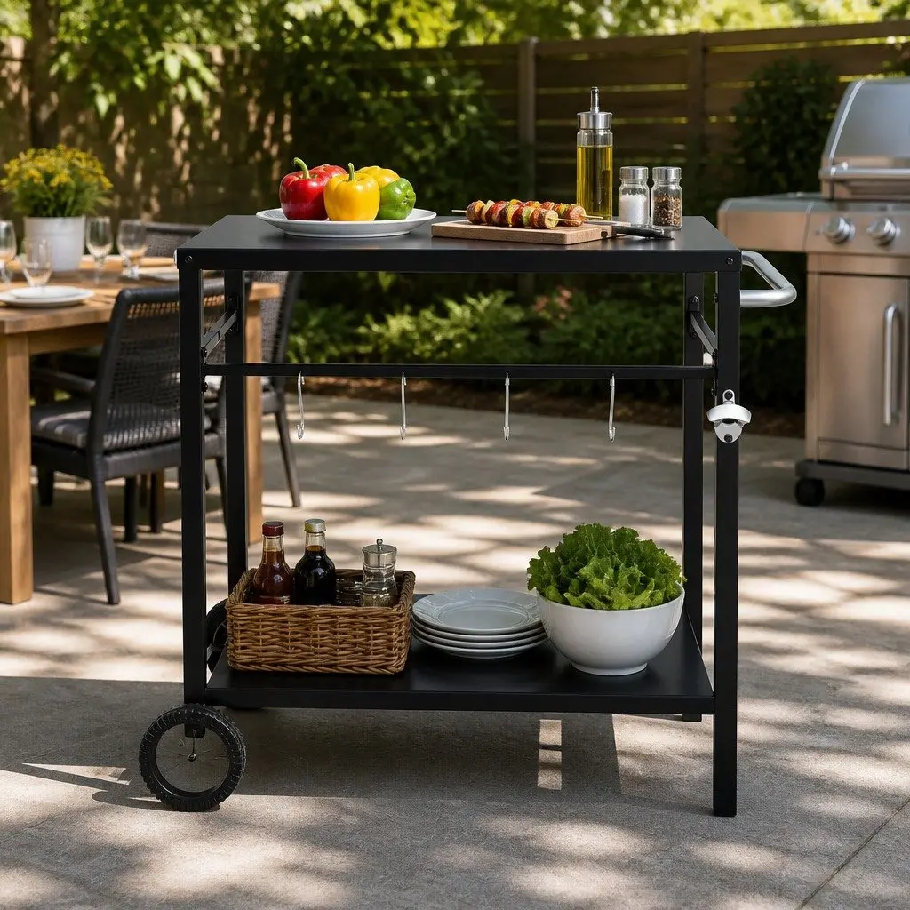 Outdoor BBQ Prep Cart Mobile Kitchen Trolley Stainless Steel Work Table with