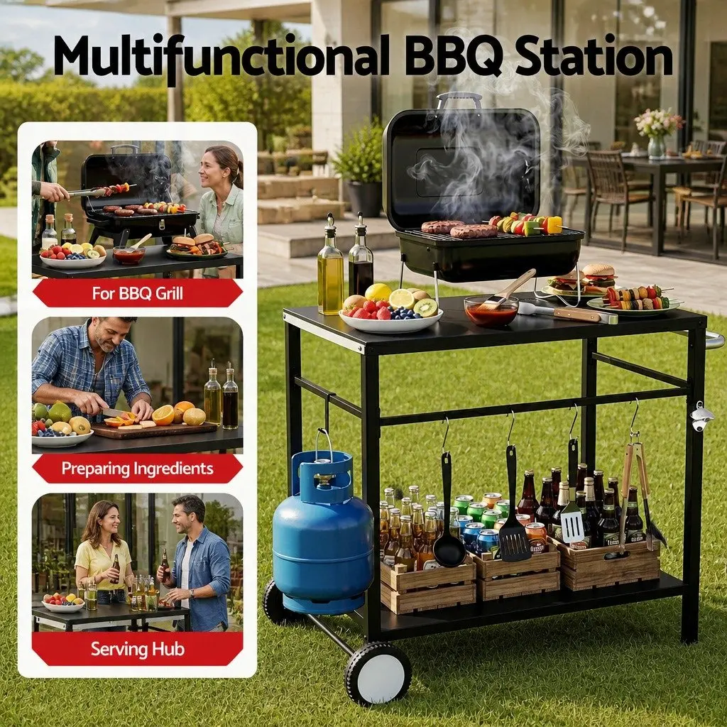 Outdoor BBQ Prep Cart Mobile Kitchen Trolley Stainless Steel Work Table with