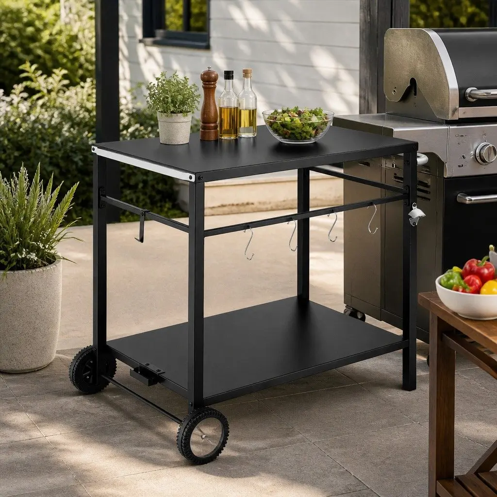 Outdoor BBQ Prep Cart Mobile Kitchen Trolley Stainless Steel Work Table with