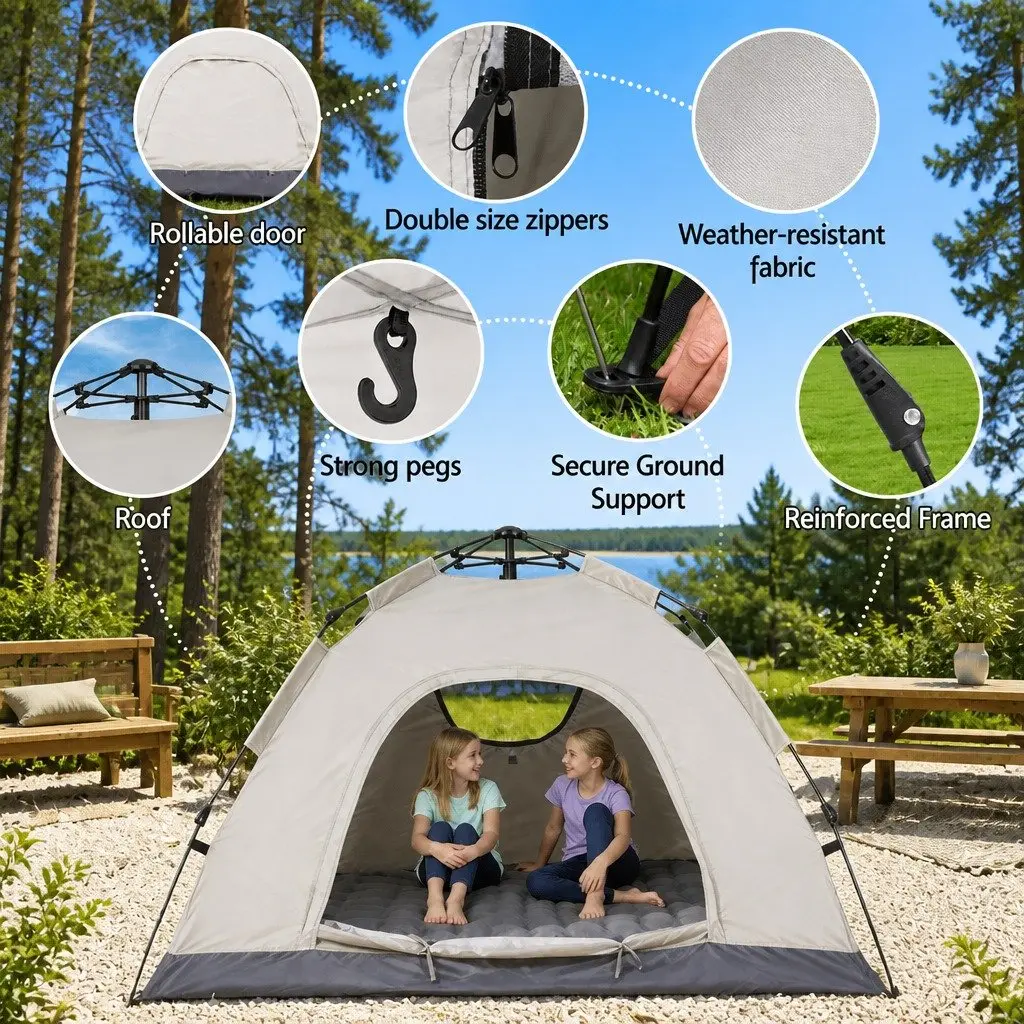 Camping Tent Pop Up Instant Auto Setup 2 Person Beige