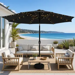 Outdoor Market Umbrella 2.9m LED String Light Patio Garden Sunshade Black