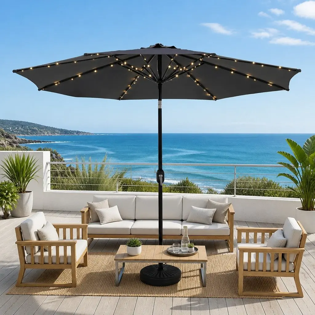 Outdoor Market Umbrella 2.9m Octagonal Canopy LED String Light Tilt Charcoal