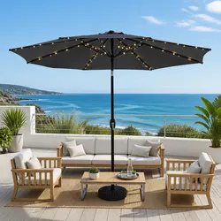 Outdoor Market Umbrella 2.9m Octagonal Canopy LED String Light Tilt Charcoal