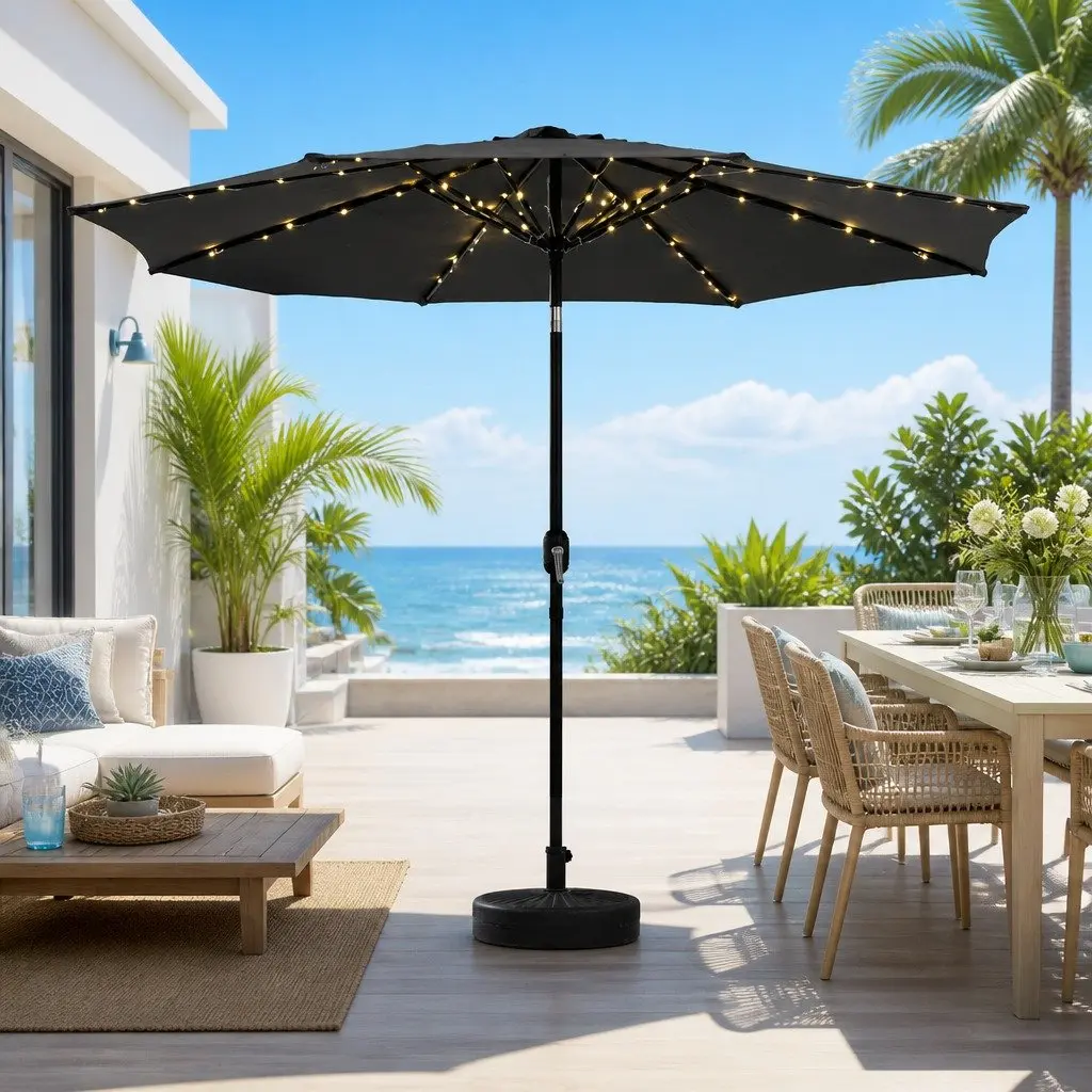 Outdoor Market Umbrella 2.9m Octagonal Canopy LED String Light Tilt Charcoal