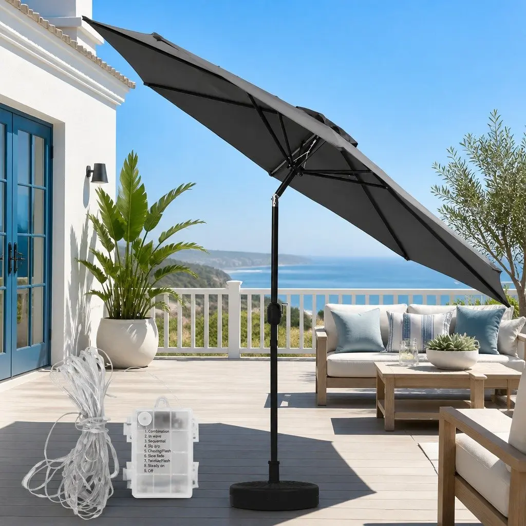 Outdoor Market Umbrella 2.9m Octagonal Canopy LED String Light Tilt Charcoal