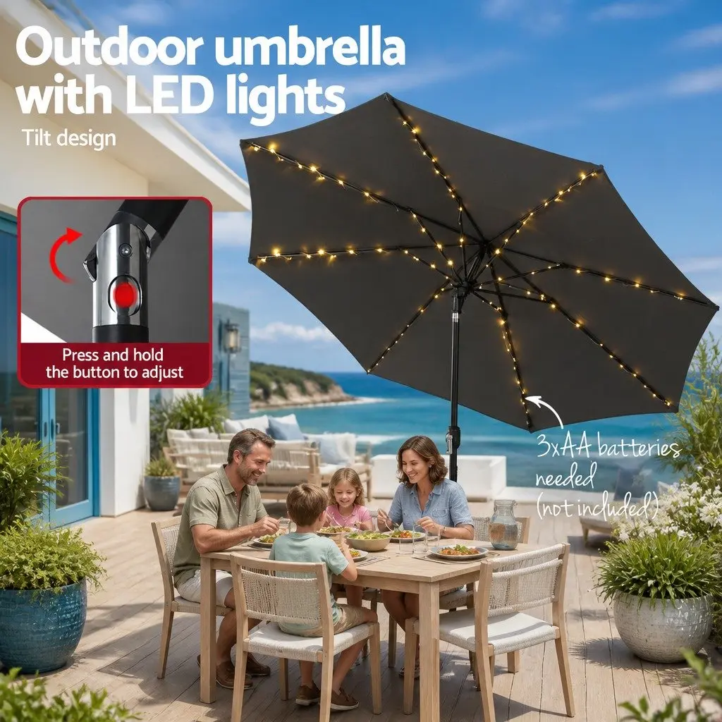 Outdoor Market Umbrella 2.9m Octagonal Canopy LED String Light Tilt Charcoal