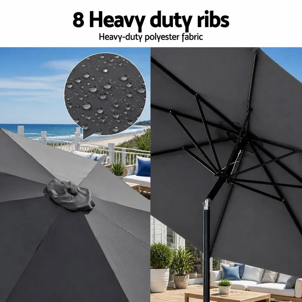 Outdoor Market Umbrella 2.9m Octagonal Canopy LED String Light Tilt Charcoal