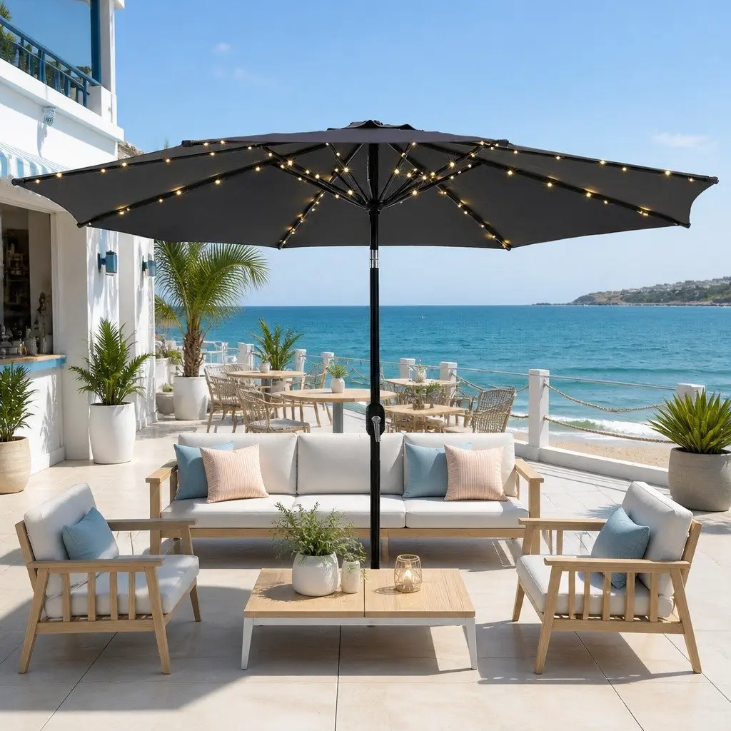 Outdoor Market Umbrella 2.9m Octagonal Canopy LED String Lights Tilt Charcoal