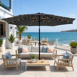 Outdoor Market Umbrella 2.9m Octagonal Canopy LED String Lights Tilt Charcoal