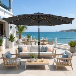 Outdoor Market Umbrella 2.9m Octagonal Canopy LED String Lights Tilt Charcoal