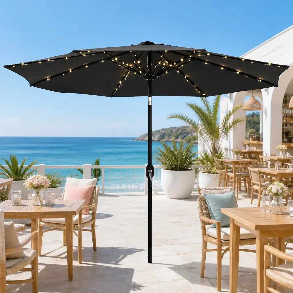 Outdoor Market Umbrella 2.9m Octagonal Canopy LED String Lights Tilt Charcoal