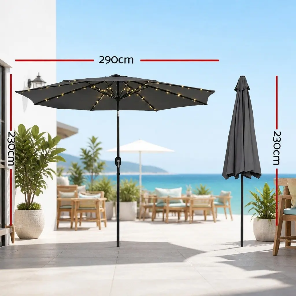 Outdoor Market Umbrella 2.9m Octagonal Canopy LED String Lights Tilt Charcoal