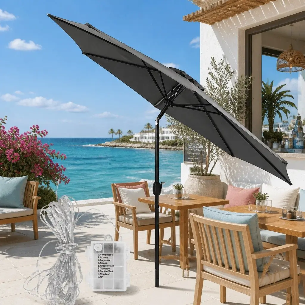 Outdoor Market Umbrella 2.9m Octagonal Canopy LED String Lights Tilt Charcoal