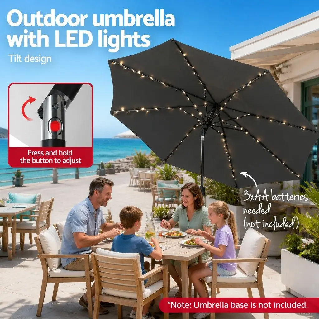 Outdoor Market Umbrella 2.9m Octagonal Canopy LED String Lights Tilt Charcoal