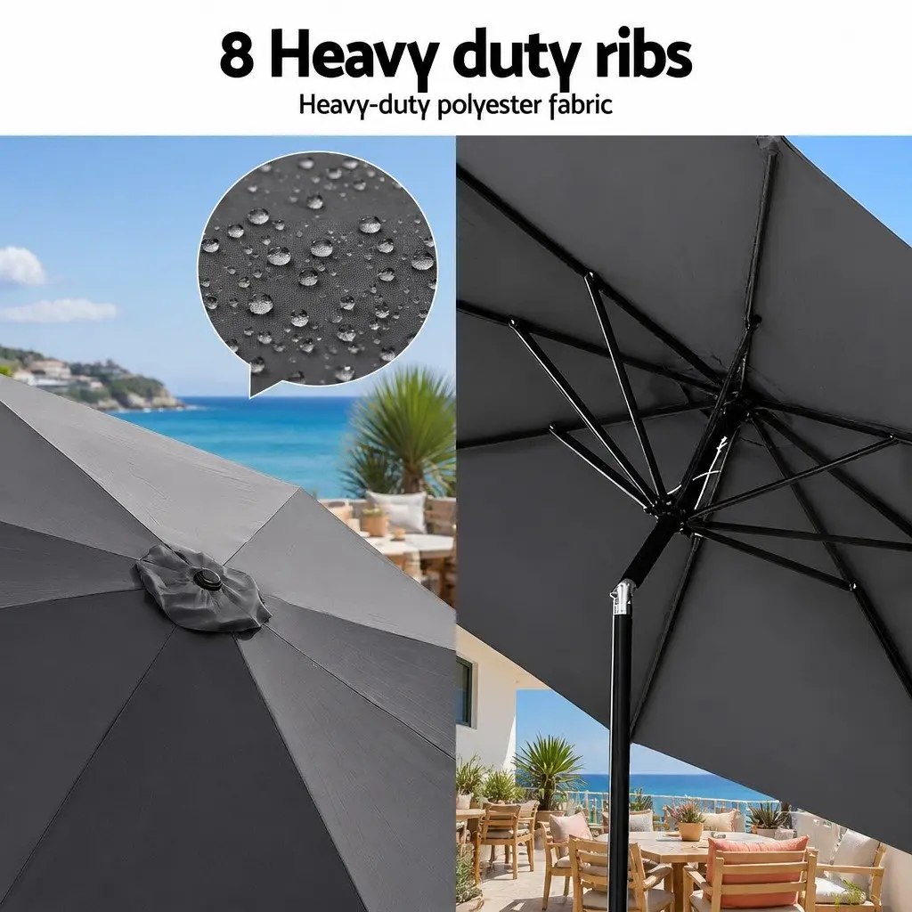 Outdoor Market Umbrella 2.9m Octagonal Canopy LED String Lights Tilt Charcoal