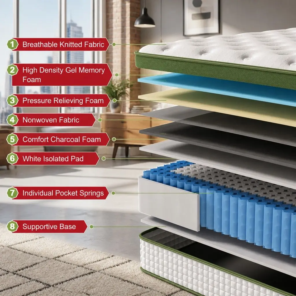Double Mattress Gel Memory Foam Pocket Spring 30cm Medium Firm White