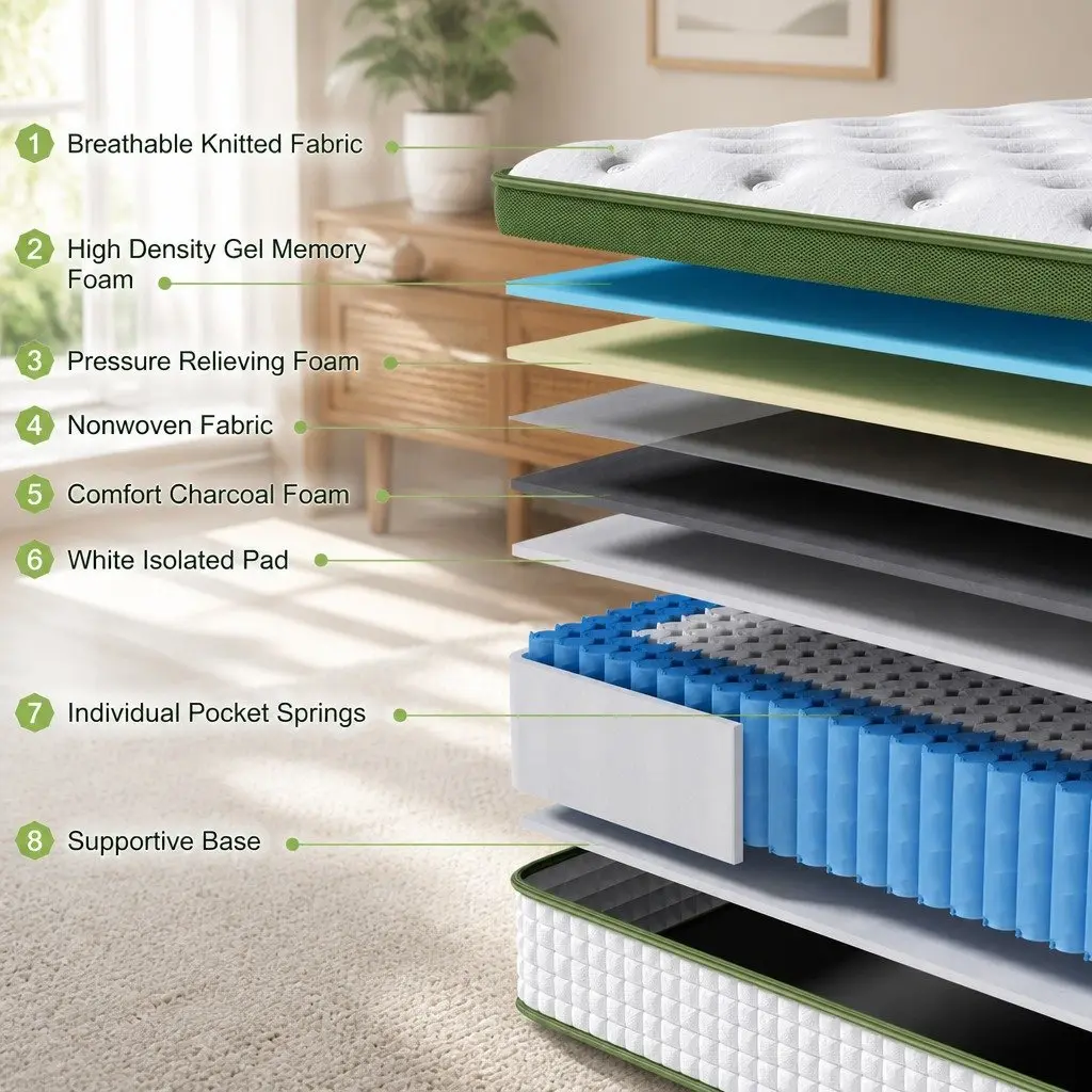 Queen Hybrid Mattress Gel Memory Foam 30cm 5 Zone Pocket Spring Cooling Medium Firm White