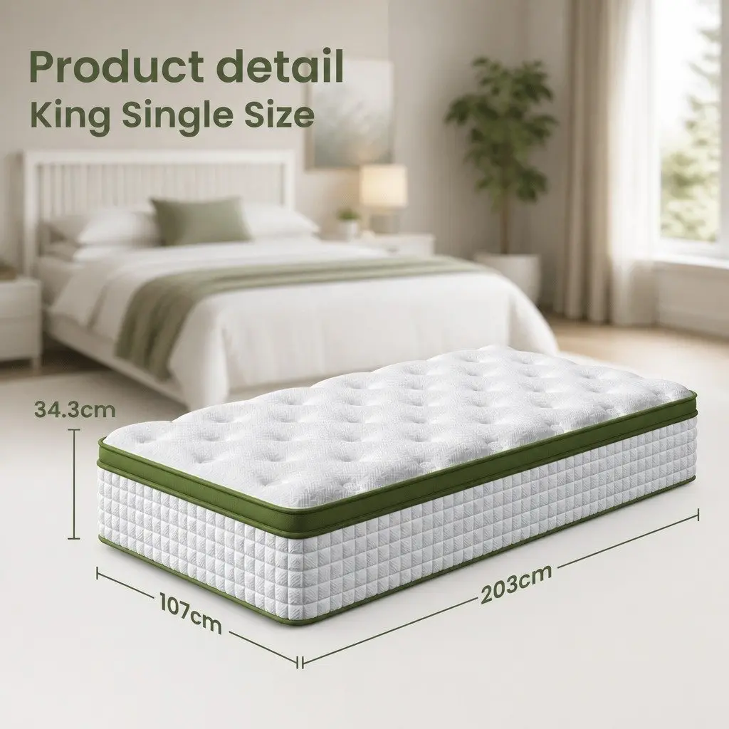 King Single Latex Hybrid Mattress Medium Firm 34cm 5 Zone Pocket Spring White