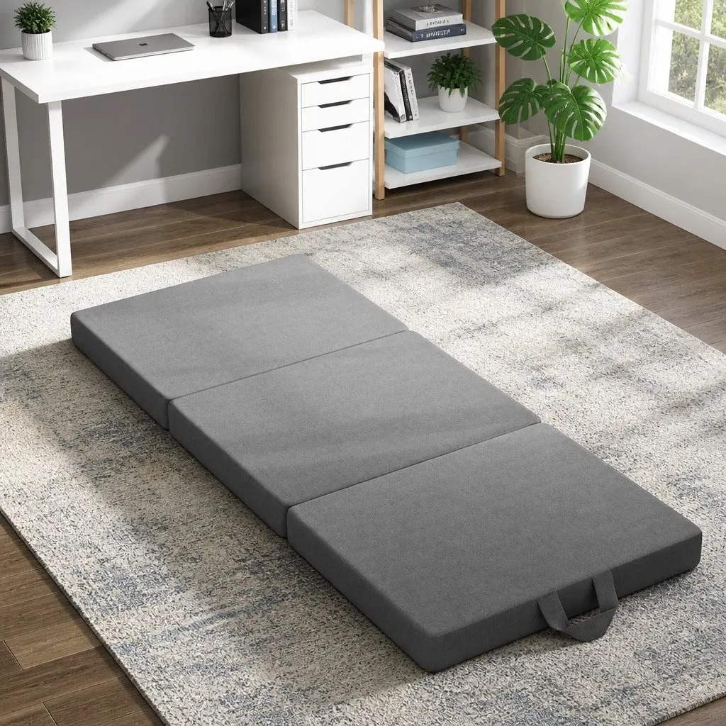 Small King Single Folding Mattress 3-Fold Foam Portable Grey Travel Guest Room