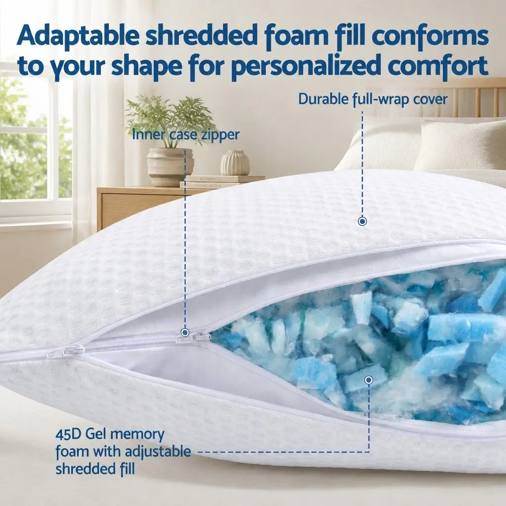 Cooling Memory Foam Pillow Adjustable Shredded Gel Side Sleeper Neck Support