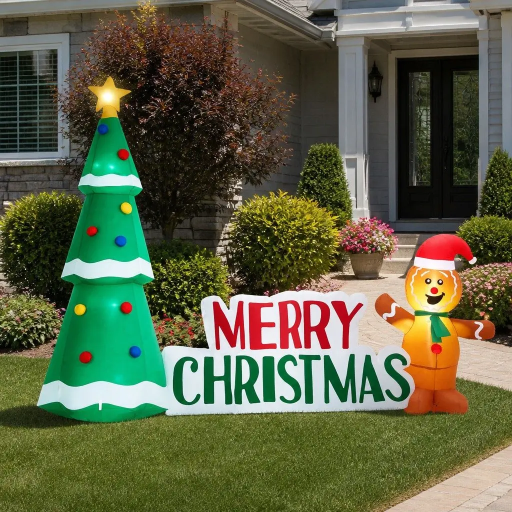Christmas Inflatable Gingerbread Man Tree 2.4m LED Lights Multicolour Outdoor Garden