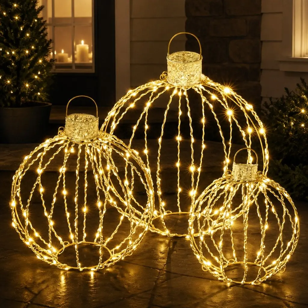 Christmas Light Set 320 LED Warm White Balls Indoor Outdoor Gold 3 Sizes