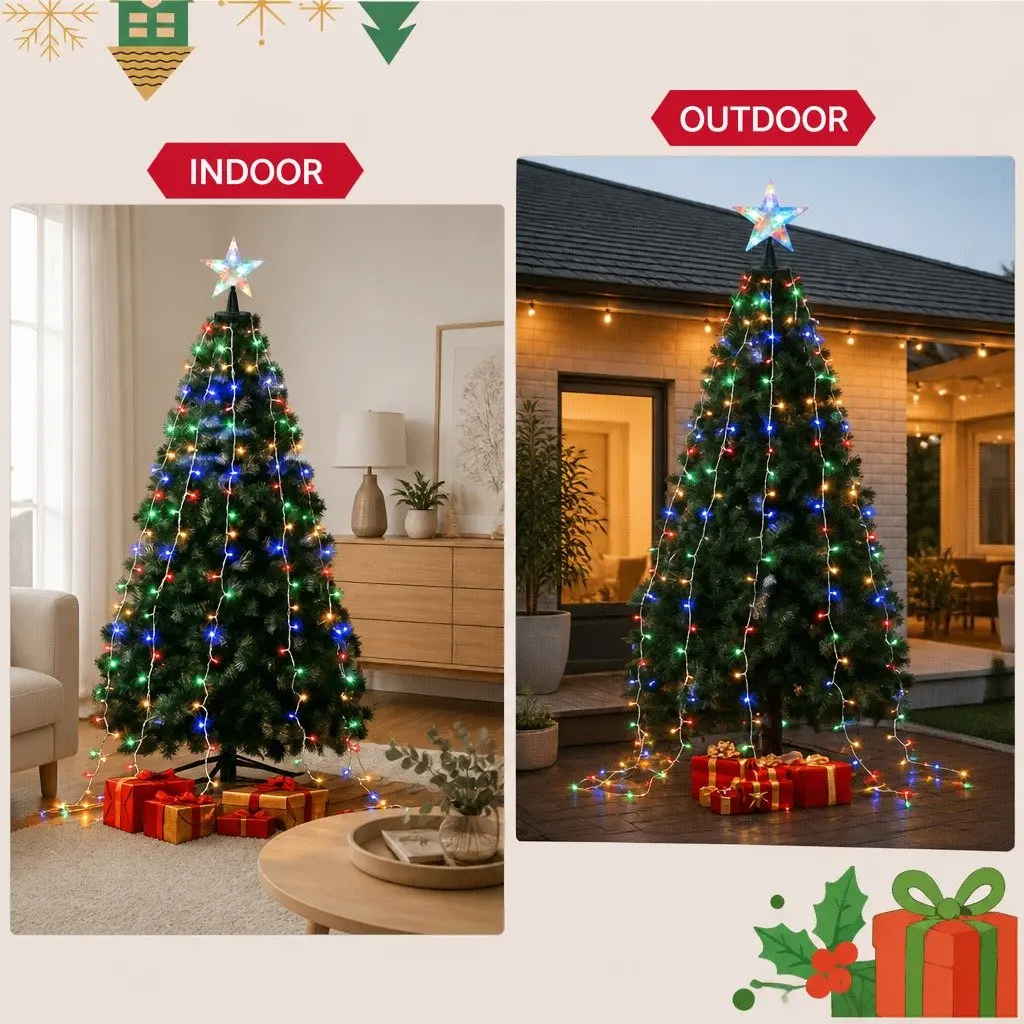 Christmas Waterfall String Lights 2.5M 300 LED Multi-Coloured Outdoor Indoor with Star Topper and Eight Lighting Modes