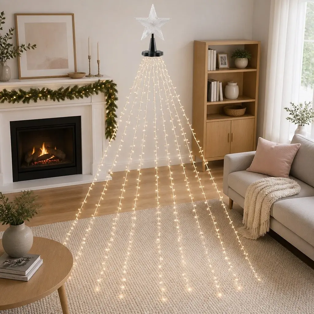 Christmas Waterfall String Lights 2.5M 300 LED Star Topper Warm White Outdoor Indoor