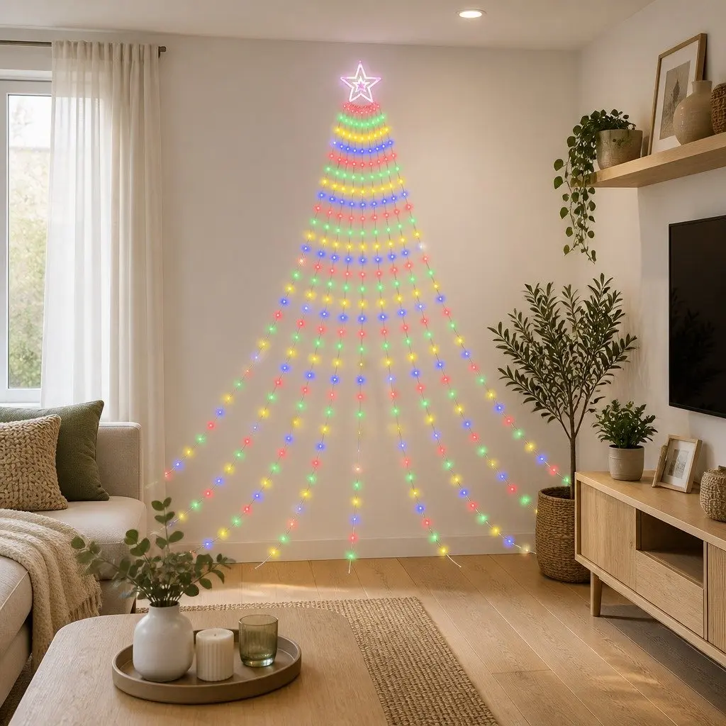 Christmas Waterfall String Lights 3.8M 340 LED Multicolour Indoor Outdoor with Star Topper and Eight Lighting Modes