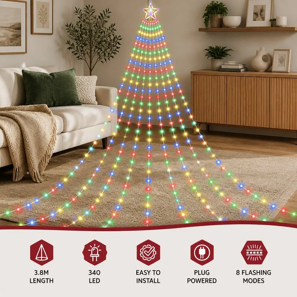 Christmas Waterfall String Lights 3.8M 340 LED Multicolour Indoor Outdoor with Star Topper and Eight Lighting Modes