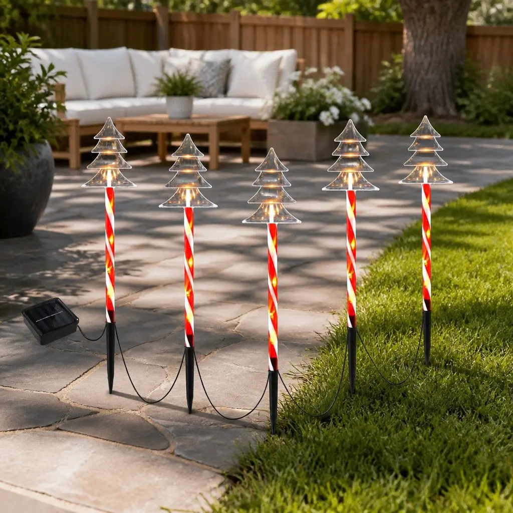 Christmas Path Ground Lights Solar Powered 5 Piece 25 LED Warm White Red