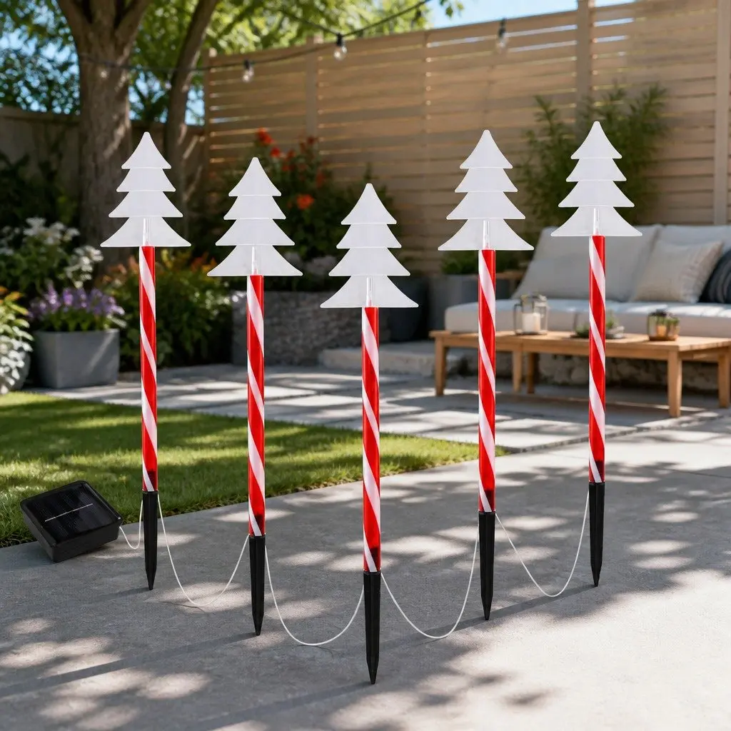 Christmas Path Ground Lights Solar Powered 5 Piece 25 LED Warm White Red