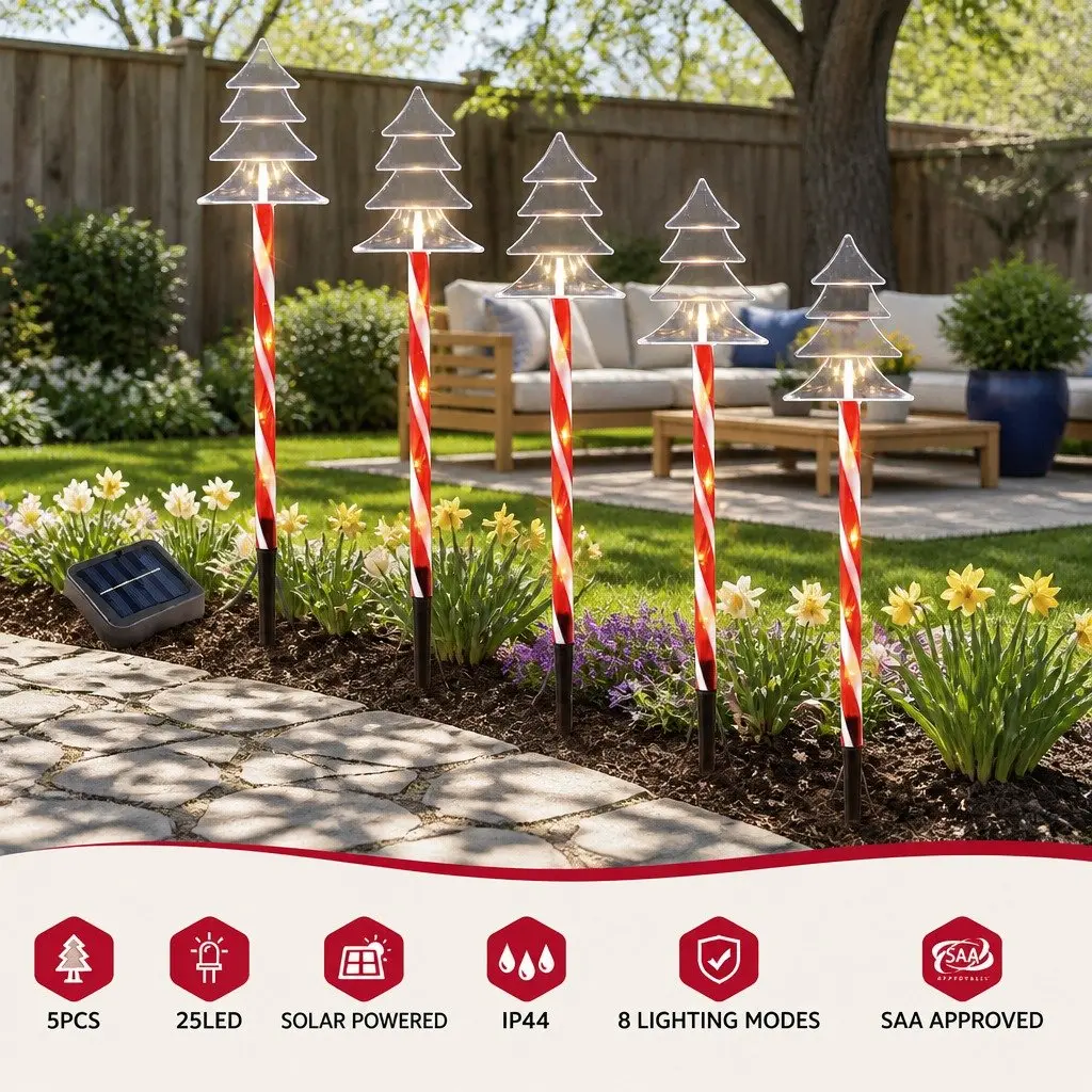 Christmas Path Ground Lights Solar Powered 5 Piece 25 LED Warm White Red