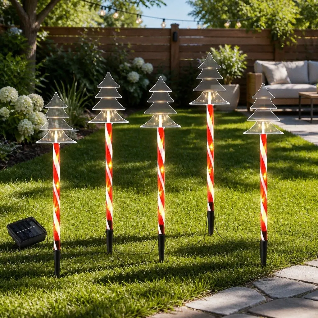 Christmas Path Ground Lights Solar Powered 5 Piece 25 LED Warm White Red
