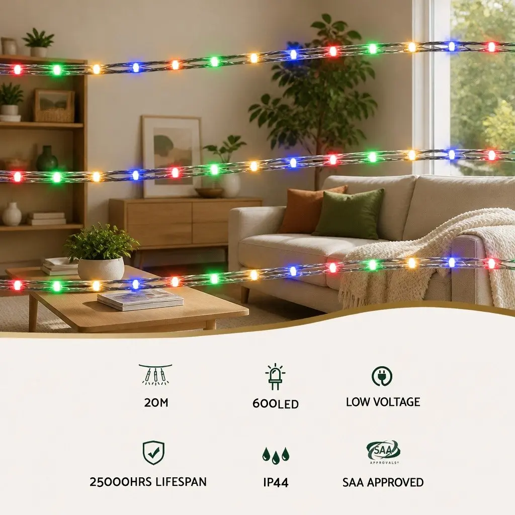 Christmas Rope Lights 20M 600 LED Multicolour String for Indoor Outdoor Decorations