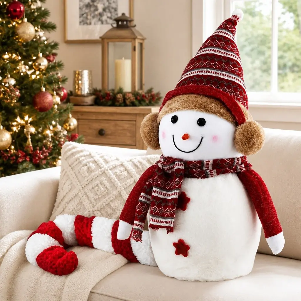 Christmas Snowman Plush Ornament 45cm Red and White Decorative Handicraft