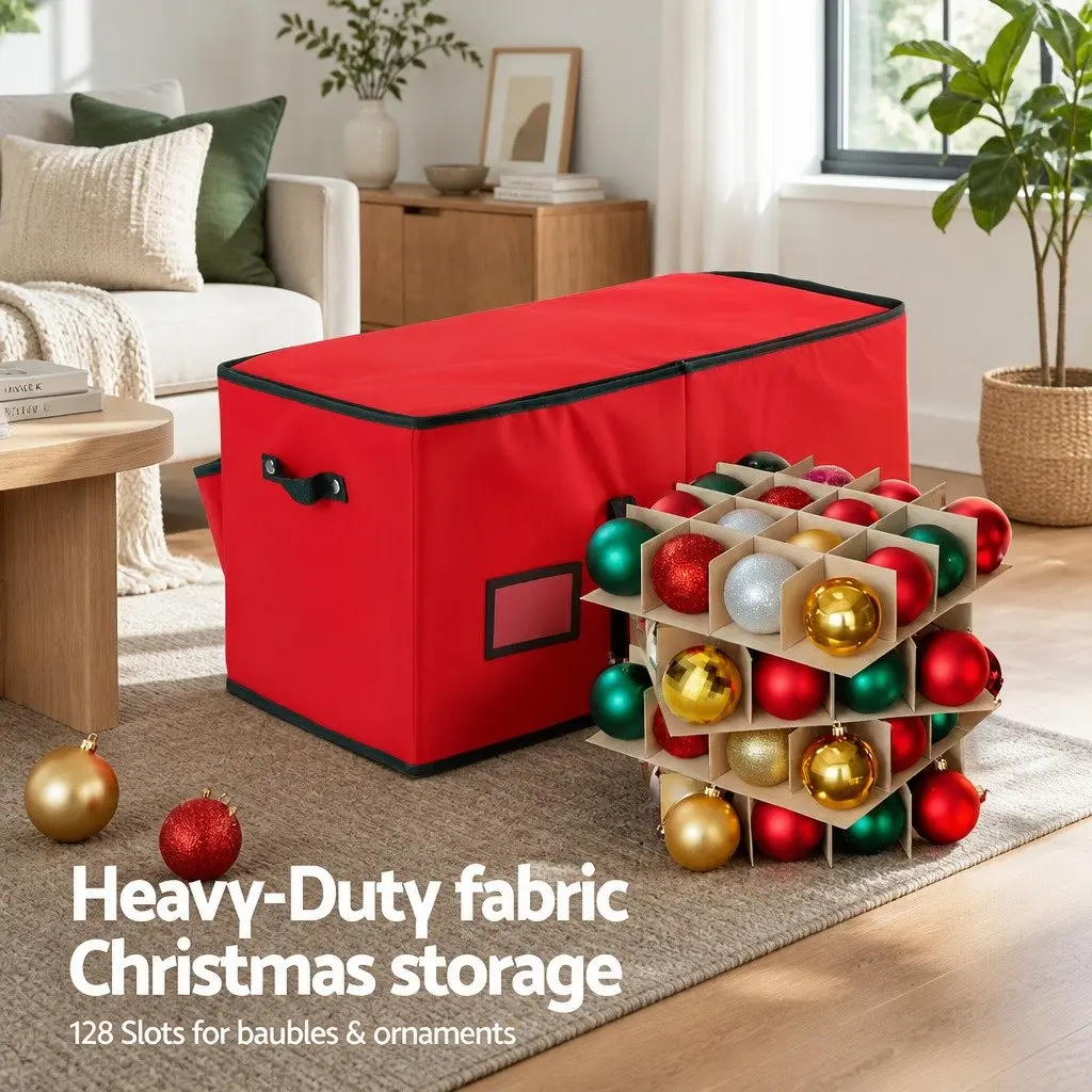 Christmas Baubles Storage Box 128 Slots Ornaments Container Organizer Red Decor