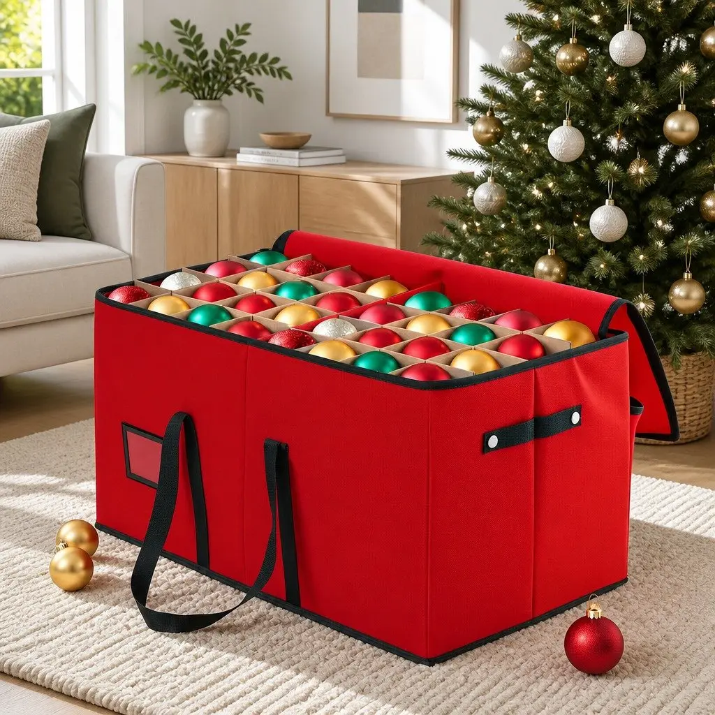 Christmas Baubles Storage Box 128 Slots Ornaments Container Organizer Red Decor