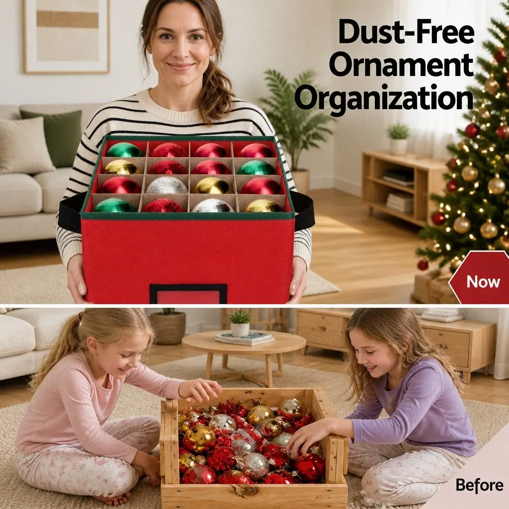 Christmas Baubles Storage Box 64 Dividers Xmas Ornaments Container Red Organizer